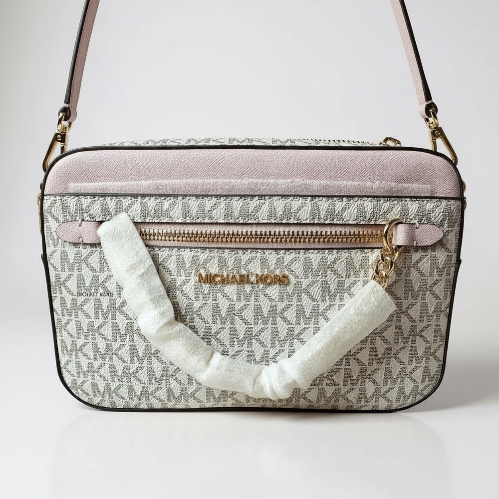 Michael Kors Blush Pink and White Signature Logo Jet Set Crossbody Bag NWT